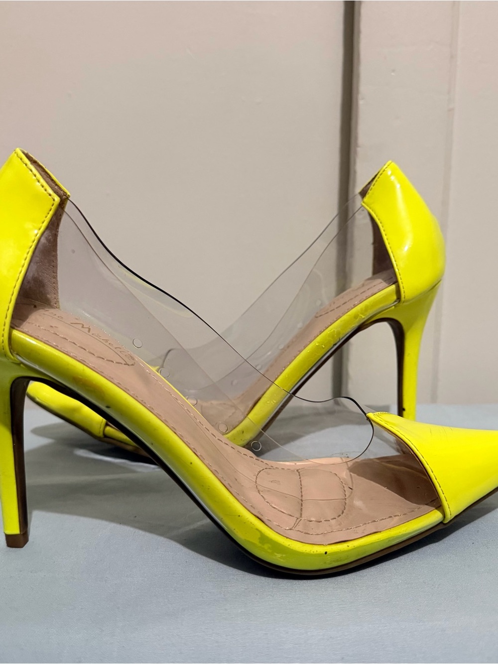 Anne Michelle Neon Yellow Pointed Toe Stiletto Heels with Clear Panels